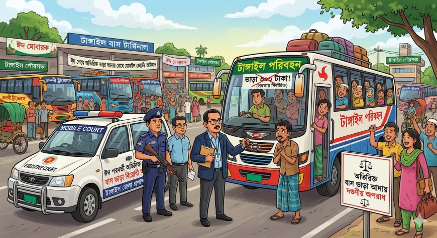 ঈদ শেষে টাঙ্গাইলে অতিরিক্ত বাস ভাড়া আদায় রোধে মোবাইল কোর্ট অভিযান