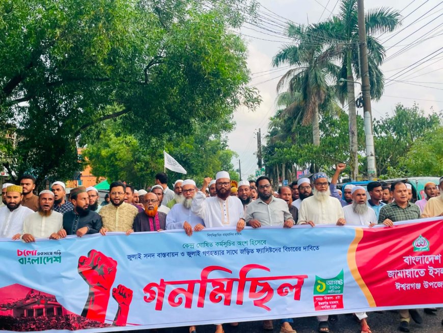জুলাই সনদ বাস্তবায়ন ও জুলাই গণহত্যার বিচার দাবিতে ঈশ্বরগঞ্জে জামায়াতের গণমিছিল অনুষ্ঠিত।